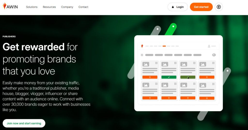 Screenshot of Awin homepage showing affiliate marketing platform for publishers